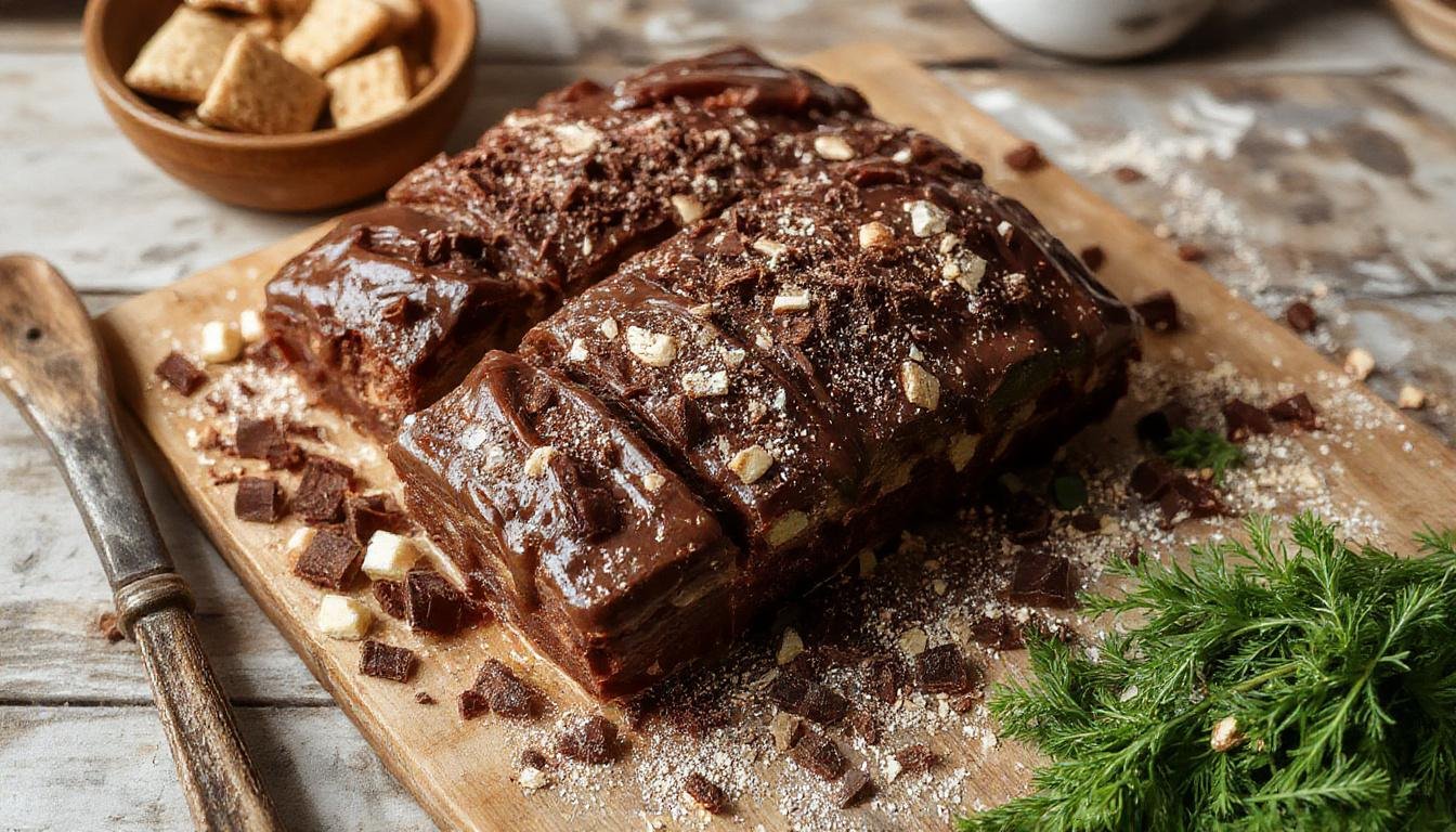 Uma empada de chocolate dourada e crocante com uma abertura no topo revelando um recheio de chocolate derretido, apresentada em uma bandeja de massa dourada, decorada com açúcar de confeiteiro, com fundo neutro e iluminação suave para destacar sua textura e brilho.