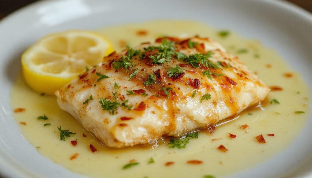 Imagem de um escondidinho de bacalhau cremoso servido em um prato raso, com camadas distintas de purê de batata dourado por cima e o bacalhau desfiado ao centro. A aparência do prato é reconfortante, com uma textura cremosa visível e uma finalização dourada e leve na superfície. Ao fundo, uma colher repousa ao lado do prato e uma decoração sutil com fios de azeite e ervas frescas acrescenta um toque de cor e frescor ao prato.