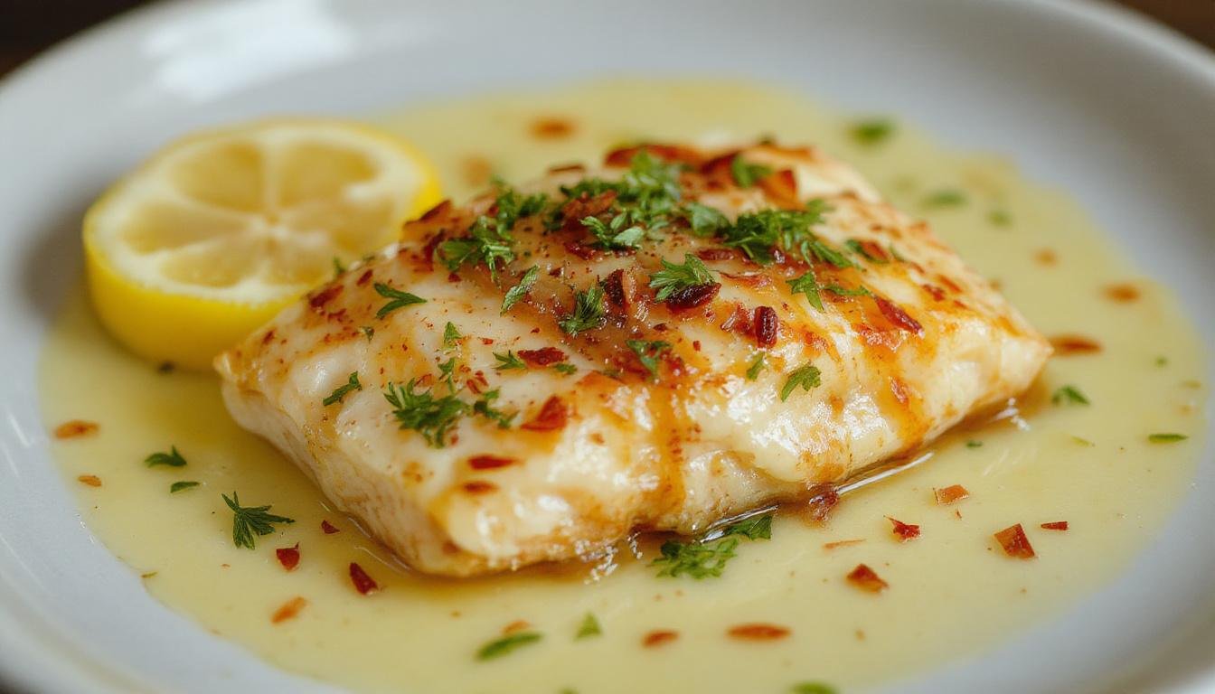 Imagem de um escondidinho de bacalhau cremoso servido em um prato raso, com camadas distintas de purê de batata dourado por cima e o bacalhau desfiado ao centro. A aparência do prato é reconfortante, com uma textura cremosa visível e uma finalização dourada e leve na superfície. Ao fundo, uma colher repousa ao lado do prato e uma decoração sutil com fios de azeite e ervas frescas acrescenta um toque de cor e frescor ao prato.