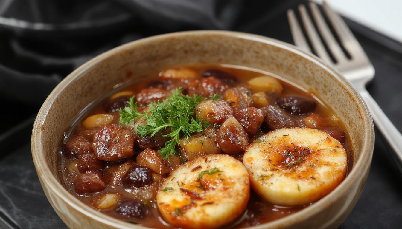 Imagem de uma feijoada portuguesa servida em uma travessa rústica, com feijão branco, linguiça, carne de porco e vegetais, decorada com salsa fresca, apresentando cores quentes e uma textura cremosa.