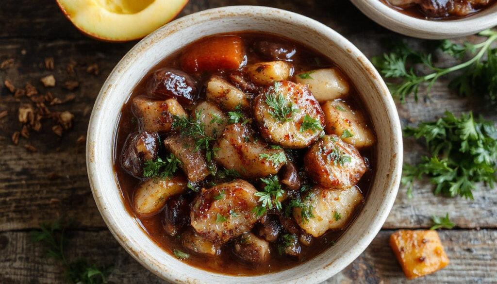 Prato de feijoada de lulas em uma tigela rústica, com lulas cortadas, feijão preto, pedaços de linguiça e legumes decorados com salsa, apresentada de forma apetitosa e colorida.