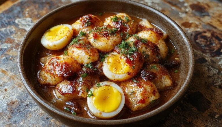 Fritada de ovos à portuguesa apresentada em um prato redondo, com ovos dourados, pedaços de chouriço, pimentões verdes e vermelhos, decorada com salsa, em uma mesa de madeira com utensílios tradicionais ao redor, destacando sua textura cremosa e ingredientes coloridos.
