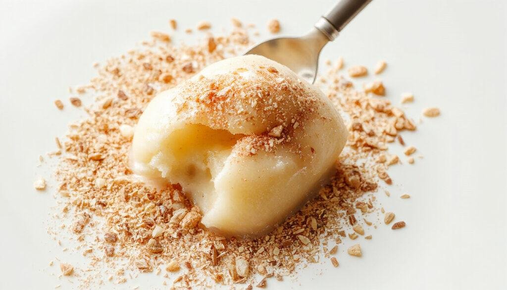 Gelado de doce de leite com crocante de bis numa taça branca, decorado com pedaços de bis e um pouco de doce de leite por cima. A apresentação é elegante, com o sorvete cremoso contrastando com o crocante dourado. A textura do sorvete é suave, enquanto o crocante adiciona um brilho dourado cobrindo uma camada do doce de leite, tudo em um fundo neutro que destaca as cores vibrantes e apetitosas da sobremesa.