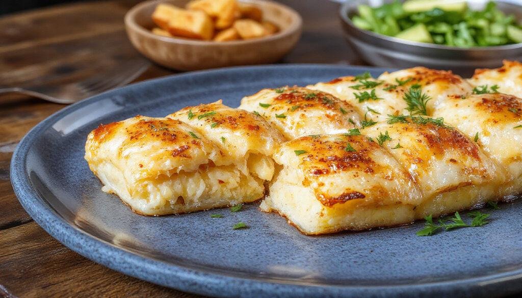 Imagem de um gratinado fit de espinafre com cenoura em uma travessa retangular, com cobertura dourada e crocante, pedaços de cenoura alaranjada visíveis e folhas verdes de espinafre ao redor.