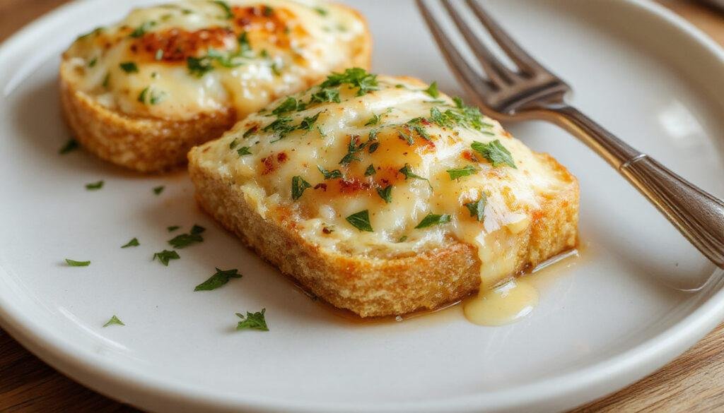 Prato de gratinado de couve-flor vegano apresentado em uma tigela branca rústica, com fatias douradas de couve-flor cobrindo um queijo de batata cremosa, decorado com salsa fresca, iluminação natural e fundo neutro.