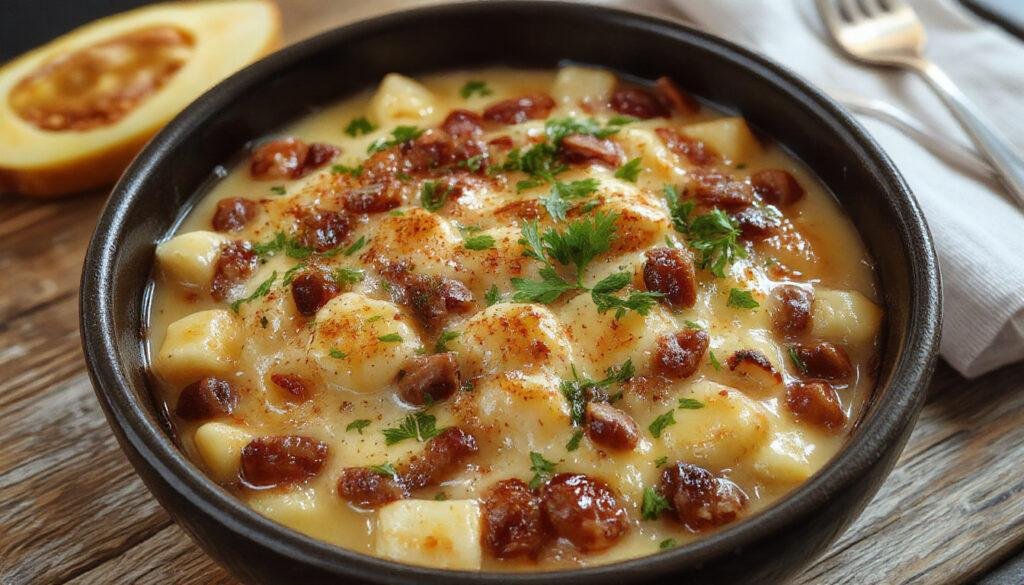 Prato de gratinado de legumes com atum apresentado em uma travessa oval branca, com uma crosta dourada e crocante, pedaços visíveis de abobrinha, berinjela, cenoura e atum por cima, decorado com ervas frescas ao redor, em uma mesa de madeira clara com iluminação natural que destaca as cores vibrantes e texturas do prato.