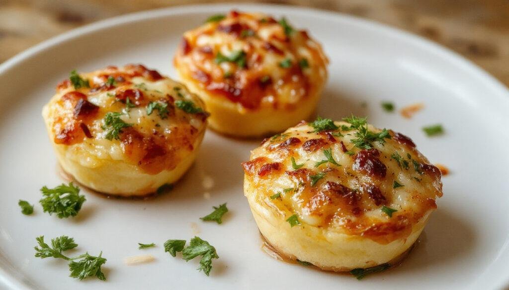 Mini quiches de alho-poró douradas com crosta crocante, recheio cremoso e pedaços de alho-poró visíveis. Estão dispostas elegantemente em um prato branco com decoração de folhas verdes ao redor.