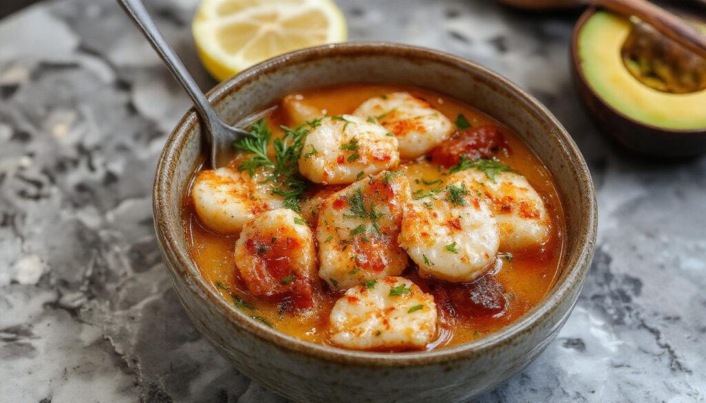 Prato de moqueca de camarão bem colorido, servido em uma panela de barro, com camarões grandes, molho vermelho vibrante, pimentões verdes e vermelhos, cebolas, coentro fresco espalhado por cima, e arroz branco ao lado, tudo em uma apresentação tradicional e apetitosa