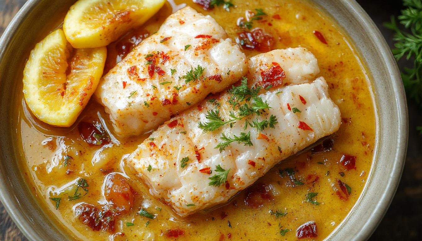 Prato de moqueca de peixe baiana em uma panela de barro, com peixe branco, tomates vermelhos, cebolas, pimentões verdes e vermelhos, finalizado com azeite de dendê e coentro, servida com arroz branco ao lado, cores vibrantes e textura suculenta.