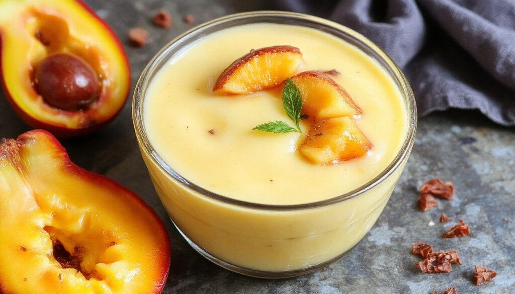 Uma taça transparente contendo mousse de maracujá amarelo vibrante, decorada com sementes de maracujá por cima e uma folhinha de hortelã, com uma colher delicada ao lado e fundo branco limpo que destaca a textura cremosa e aerada do mousse.