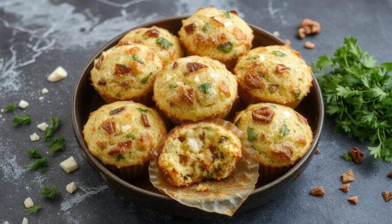 Muffins salgados de legumes com queijo dourados, com crosta levemente crocante e interior macio, exibidos em uma bandeja decorada com folhas verdes e tomates cereja, apresentando uma aparência apetitosa e colorida.