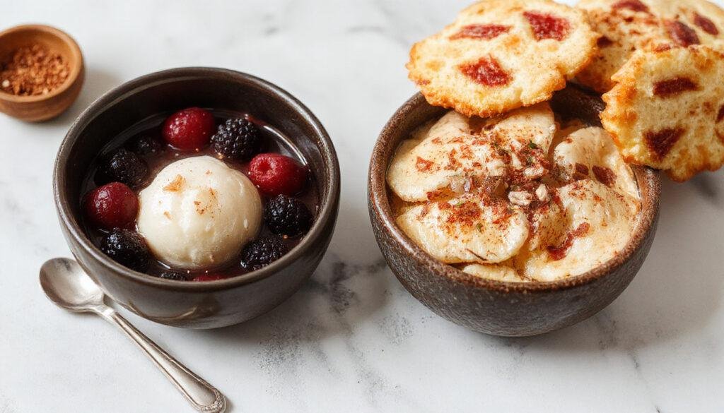 Foto de uma nuvem de morango exibida em uma taça transparente, com espuma leve de morangos frescos e cobertura de chantilly, decorada com pedaços de morango e folhas de hortelã, em fundo claro e estilizado, com iluminação suave que destaca as texturas aveludadas e as cores vibrantes da fruta.
