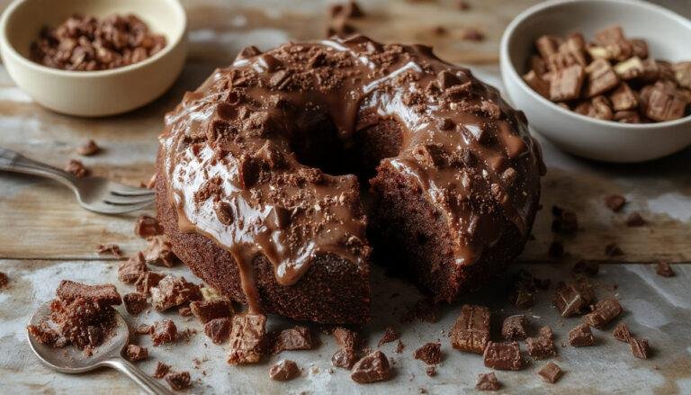 Imagem de um bolo de chocolate fofo e úmido, decorado com uma camada de cobertura de chocolate brilhante e polvilhado com cacau em pó, apresentado em um prato branco sobre uma mesa de madeira rústica com utensílios de cozinha ao fundo.