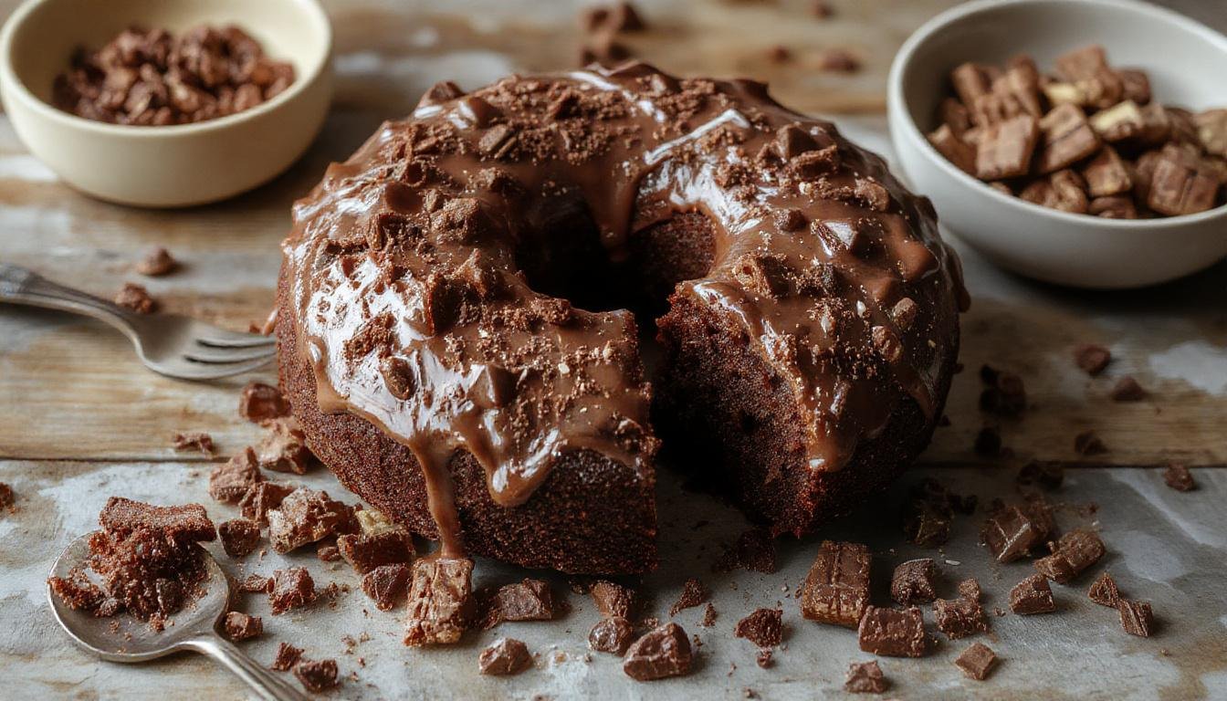Imagem de um bolo de chocolate fofo e úmido, decorado com uma camada de cobertura de chocolate brilhante e polvilhado com cacau em pó, apresentado em um prato branco sobre uma mesa de madeira rústica com utensílios de cozinha ao fundo.