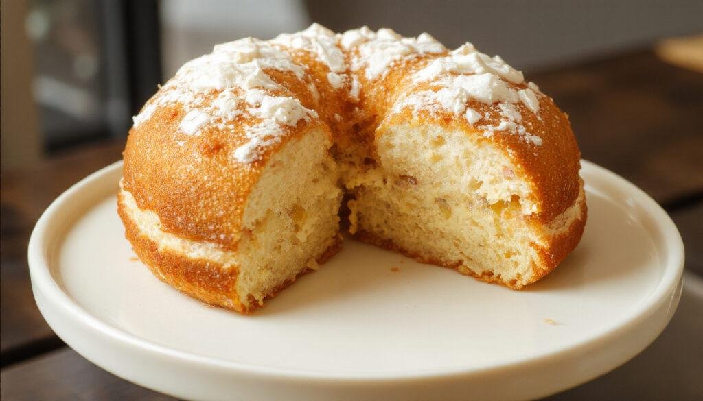 Uma fatia de bolo de coco dourado, com cobertura de glacê branco, decorada com flocos de coco fresco por cima, colocada em um prato branco elegante, com textura fofa e úmida visível na fatia, ao fundo um copo de leite e um garfo ao lado, iluminação suave que destaca a umidade e os detalhes do bolo.