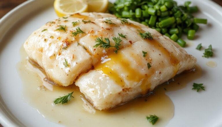 Salmão assado no forno com uma camada dourada e crocante, decorado com fatias de limão e raminhos de ervas, servido sobre uma tigela branca rústica com gotas de mel e mostarda ao redor, luz natural ressaltando a textura do peixe e o brilho do mel.