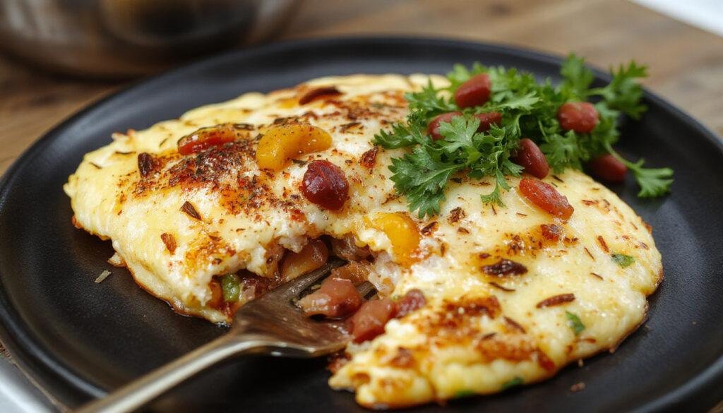 Uma omelete de legumes dourada e macia, servida em um prato branco, com pedaços visíveis de pimentões vermelhos, verdes e cebolas, acompanhada de pão artesanal ao lado. A montagem está apetitosa, com uma crosta levemente crocante na superfície e interior macio, decorada com folhas de salsa fresca.