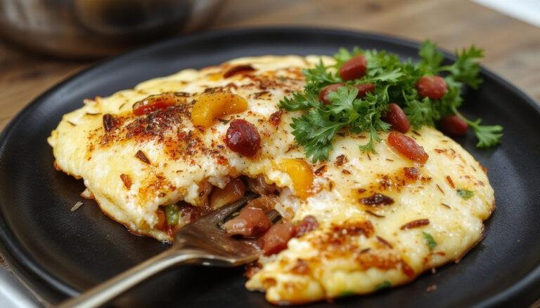 Uma omelete de legumes dourada e macia, servida em um prato branco, com pedaços visíveis de pimentões vermelhos, verdes e cebolas, acompanhada de pão artesanal ao lado. A montagem está apetitosa, com uma crosta levemente crocante na superfície e interior macio, decorada com folhas de salsa fresca.