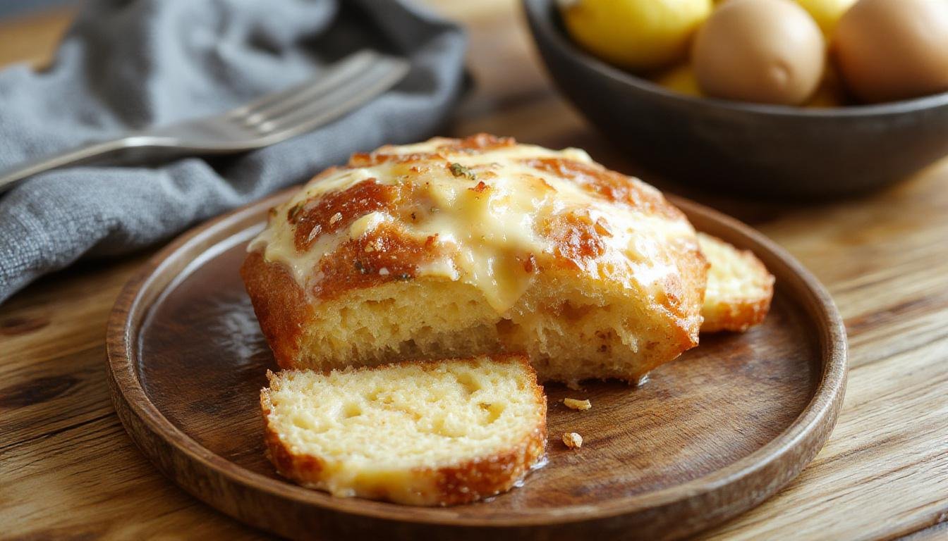 Imagem de um pão caseiro fofo e dourado, cortado ao meio para revelar sua textura macia, apresentado em uma tábua de madeira com uma faca ao lado, luz suave destacando a crosta e a massa leve e aerada.