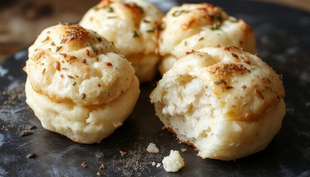 Imagem de pão de queijo dourado e macio, com crosta levemente crocante, disposto em uma bandeja de madeira, com alguns pedaços abertos revelando o interior macio e queijoso, iluminação quente e convidativa, estilo rústico e acolhedor