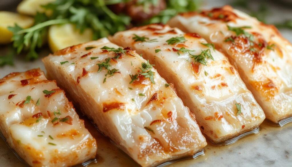 Uma porção de pataniscas de bacalhau douradas, empilhadas em um prato branco, com uma crosta crocante visível e pedaços de bacalhau visíveis por dentro, decoradas com salsa fresca ao lado, apresentadas em um prato rústico sobre uma toalha de mesa de juta.