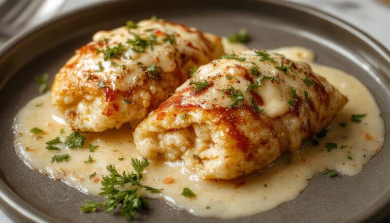 Peitos de frango dourados e suculentos sobre um prato branco, cobertos com um molho branco de queijo e alho, decorados com folhas de salsa fresca. A textura do molho parece cremosa e sedosa, com toques de queijo derretido visíveis na superfície, apresentando uma combinação atraente de cores douradas, cremosas e verdes brilhantes.