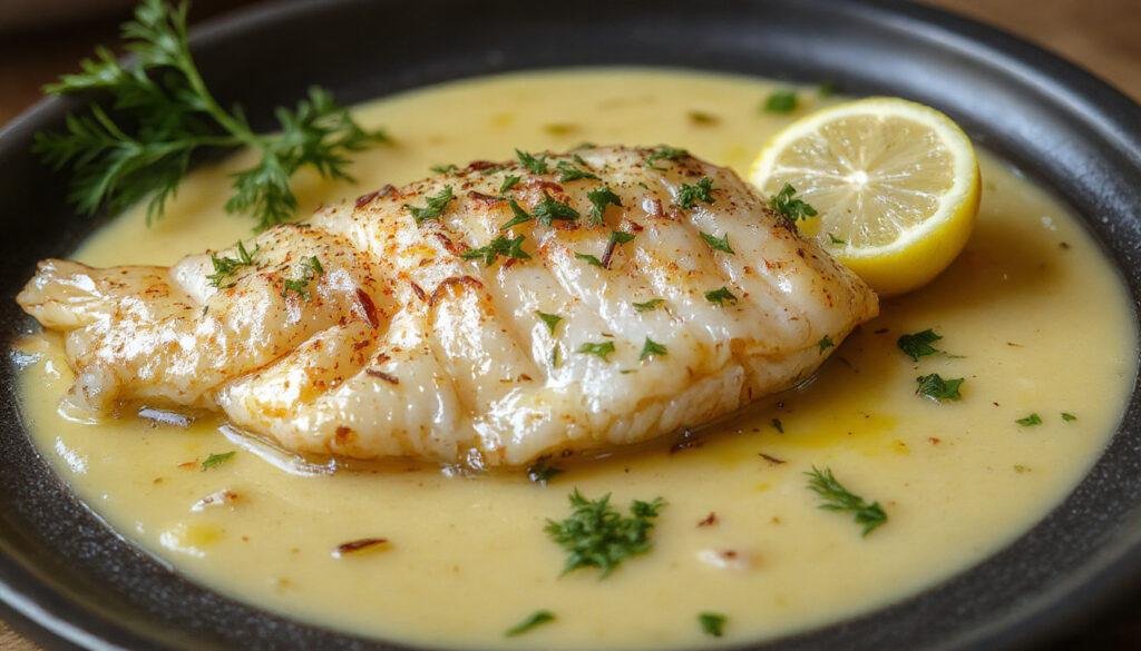 Filé de peixe dourado e suculento, coberto com manteiga de ervas e limão, apresentado sobre um prato branco com toque de limão e ervas frescas ao redor, em uma mesa de madeira clara, com iluminação natural suave.