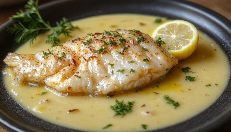 Filé de peixe dourado e suculento, coberto com manteiga de ervas e limão, apresentado sobre um prato branco com toque de limão e ervas frescas ao redor, em uma mesa de madeira clara, com iluminação natural suave.