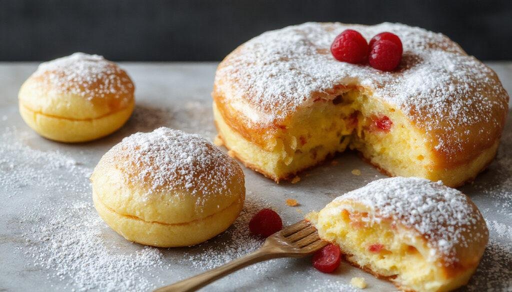 Uma sobremesa de pudim romeu e julieta servida em uma tigela branca, com uma camada dourada, pedaços de queijo e goiabada visíveis, decorada com folhas de hortelã, ao lado de um prato com fatias do pudim, tudo sobre uma toalha de mesa de linho clara, iluminação suave destacando a textura cremosa e brilhante do pudim