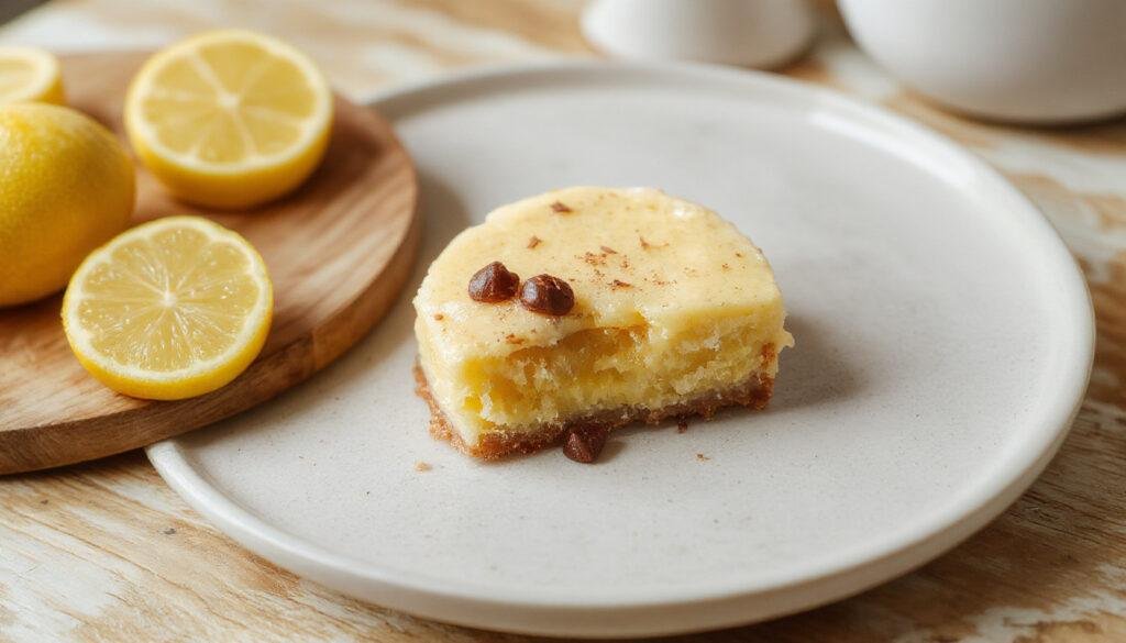 Imagem de um pudim de limão fit em um prato branco, decorado com raspas de limão e uma folhinha de hortelã, com uma textura cremosa e suave, ao lado de uma colher dourada sobre uma mesa de madeira clara, transmitindo uma sensação de leveza e saúde.