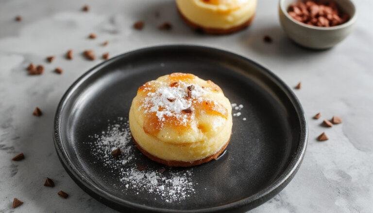 Imagem de um pudim dos sonhos cremoso, com uma camada dourada brilhante na superfície, cortado em fatias em uma travessa branca, decorado com um toque de caramelo e pó de canela ao redor. O pudim tem uma textura sedosa e uniforme, com pequenos buracos na superfície que indicam sua cremosidade, apresentado em um ambiente de cozinha moderna com iluminação suave.
