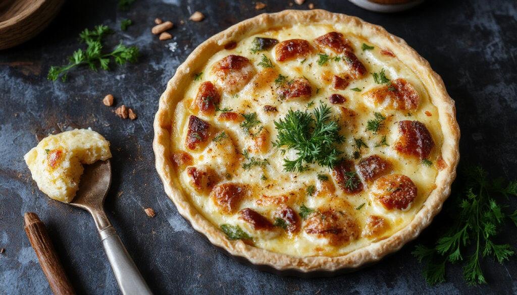 Quiche de camarão dourada, com fatias gerando um efeito visual invulgar, sobre uma superfície de madeira clara, com aromas de queijo derretido e camarões visíveis, crosta dourada e recheio cremoso visível na parte superior, decorada com ervas frescas.