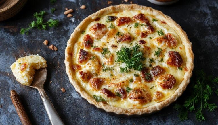 Quiche de camarão dourada, com fatias gerando um efeito visual invulgar, sobre uma superfície de madeira clara, com aromas de queijo derretido e camarões visíveis, crosta dourada e recheio cremoso visível na parte superior, decorada com ervas frescas.