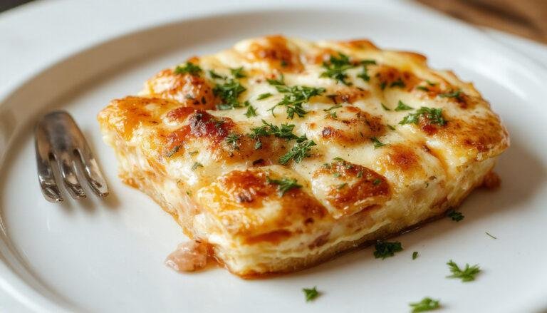 Quiche de frango cremosa em uma crosta dourada, recheio com pedaços de frango, queijo derretido, e ervas verdes, apresentado em um prato branco com utensílios ao lado, iluminação suave ressaltando a textura cremosa e a crocância da massa