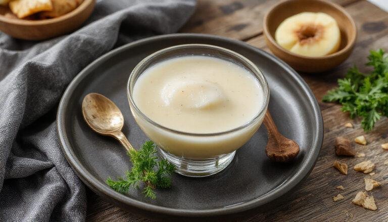 Imagem de uma maria mole gelada em um prato branco, com textura aerada e fofa, coberta com pó de leite e decorada com pequenas fatias de morango no topo, ambiente bem iluminado e clean
