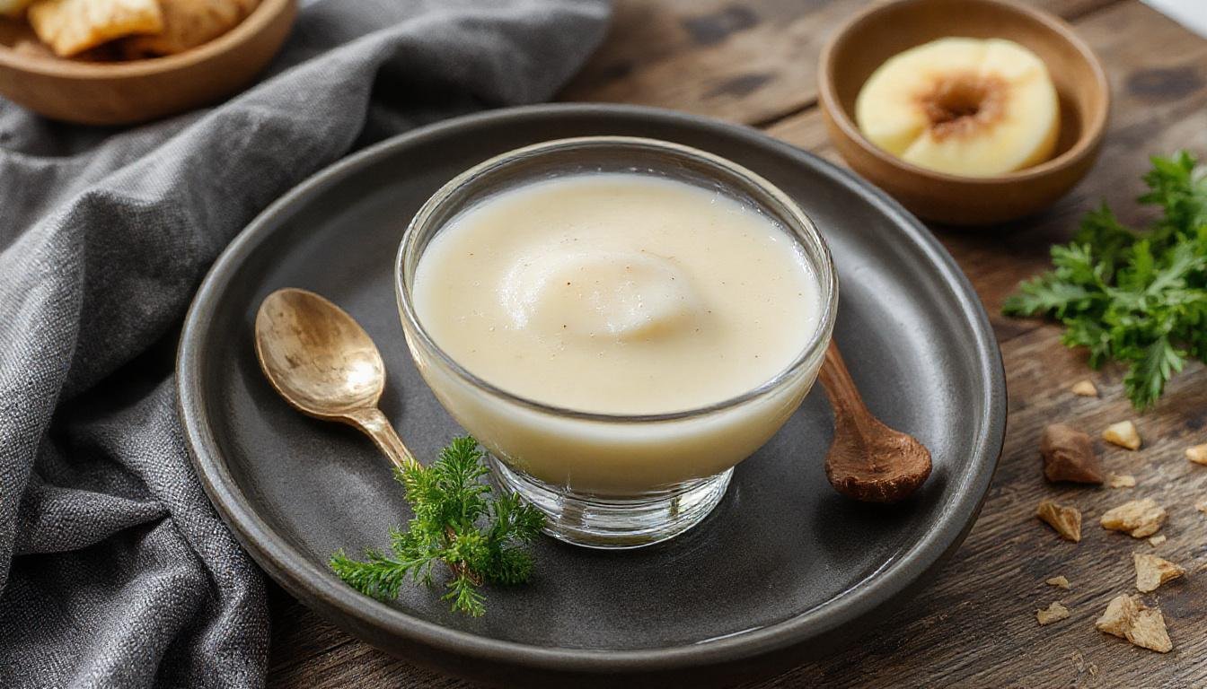 Imagem de uma maria mole gelada em um prato branco, com textura aerada e fofa, coberta com pó de leite e decorada com pequenas fatias de morango no topo, ambiente bem iluminado e clean