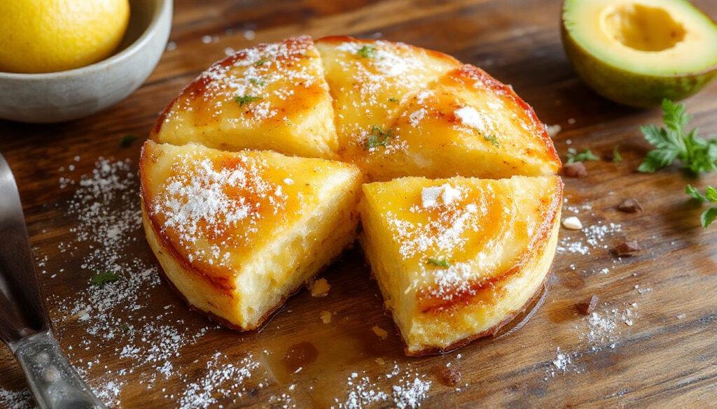 Foto de um bolo de farinha de maracujá dourado, com cobertura leve de glaze de maracujá, decorado com sementes de maracujá e fatias finas de frutas cítricas, apresentado em uma tábua de madeira rústica, com fundo suave e iluminação natural que realça a textura macia e úmida do bolo.