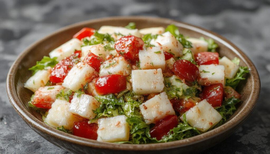 Imagem de uma salada de chuchu fresca, apresentada em uma tigela branca, com fatias finas de chuchu verde claro, decorada com folhas de hortelã e pequenas pedras de sal, colocando um destaque na textura crocante e na frescura do vegetal.