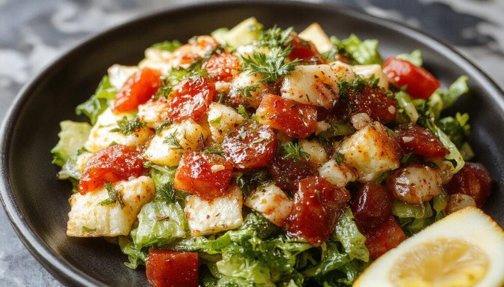 Uma tigela grande de salada colorida, contendo folhas verdes crocantes, tomates cereja vermelhos, tiras de cenoura laranja e fatias de pepino, tudo disposto de forma apetitosa, com um molho leve por cima, apresentados em uma superfície de madeira com uma iluminação natural que destaca a textura fresca dos ingredientes.