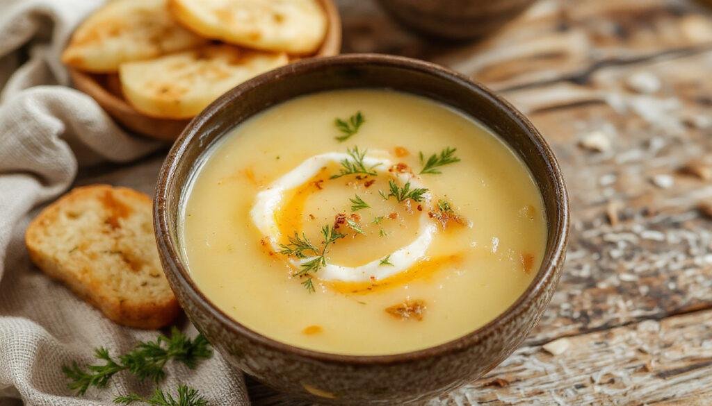 Uma tigela branca de sopa cremosa de batata-doce com queijo, com uma textura aveludada, decorada com queijo derretido e uma pitada de ervas verdes, apresentada sobre uma tábua de madeira rústica, ao lado de pedaços de batata-doce e pão artesanal ao fundo.
