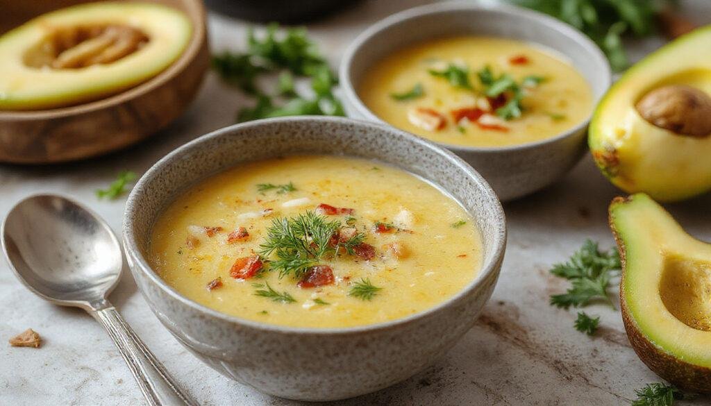 Imagem de uma tigela branca de sopa detox de repolho, com repolho verde, cenoura, cebola e pedaços de legumes visíveis, servida sobre uma superfície de madeira clara, decorada com folhas verdes ao redor e ao fundo uma panela e utensílios de cozinha, aparência fresca e nutritiva.