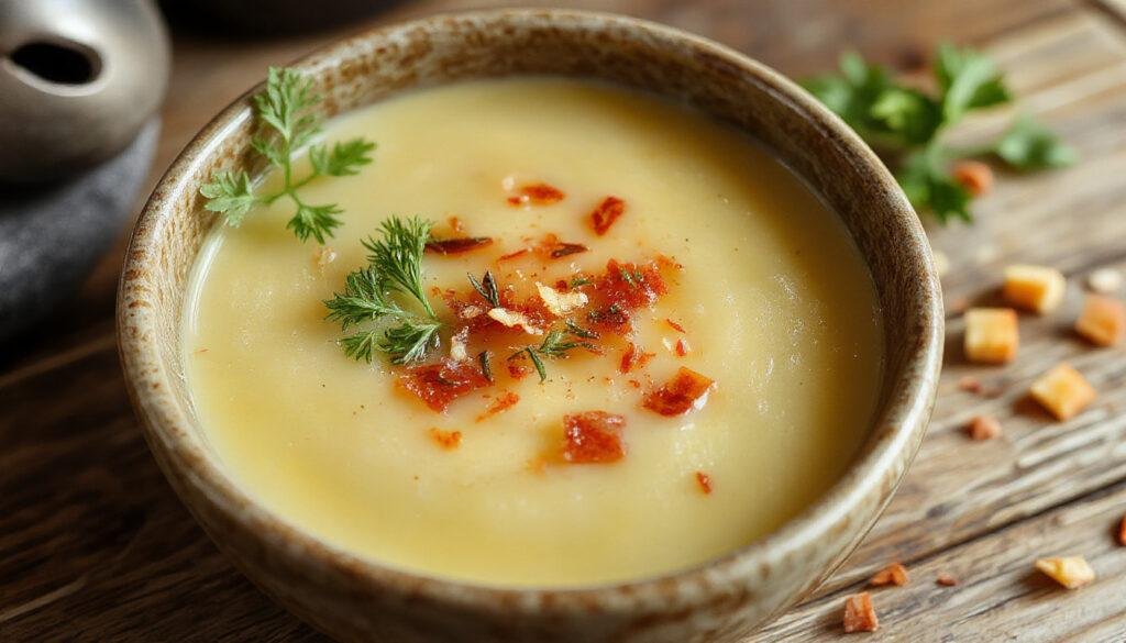 Imagem de uma tigela de sopa leve, de cor clara, com pedaços de legumes visíveis e uma textura cremosa, apresentada em um prato branco sobre uma mesa de madeira, decorada com ervas frescas por cima.