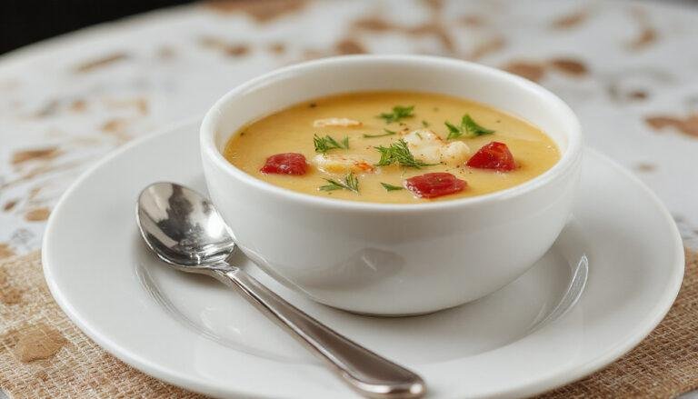 Uma tigela de sopa de alho francês cremosa e espessa, servida em um prato raso, com fatias finas de alho francês por cima e um toque de azeite. A textura aveludada contrasta com o fundo de uma mesa rústica, com pão artesanal ao lado e uma colher de sopa ao centro, tudo sob uma luz quente que realça sua cor dourada e verde suave.