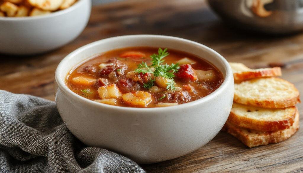 Imagem de uma tigela rústica de sopa de carne com legumes, contendo pedaços de carne, cenoura, batata e ervas frescas sobre uma toalha de mesa de algodão, com uma colher de sopa ao lado, cores quentes e textura cremosa visível