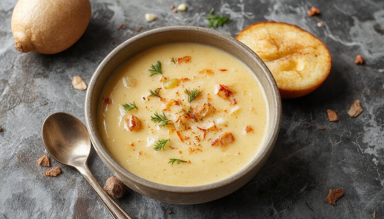 Uma tigela funda de sopa de cebola cremosa e gratinada, com crosta dourada e crocante por cima, cebolas caramelizadas visíveis, apresentação elegante em uma mesa de madeira clara, iluminação suave destacando as texturas e cores douradas