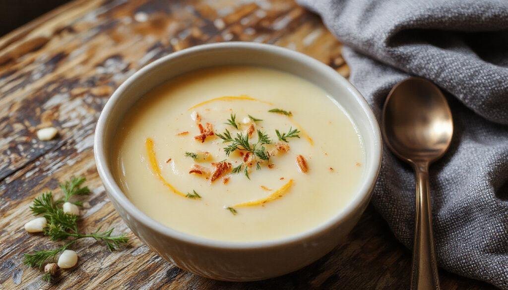Tigela de sopa de couve-flor cremosa de cor branca com um leve toque dourado, decorada com folhas de salsa fresca, apresentada em um prato rústico de barro sobre uma toalha de linho, mostrando uma textura aveludada e ingredientes visíveis por cima.