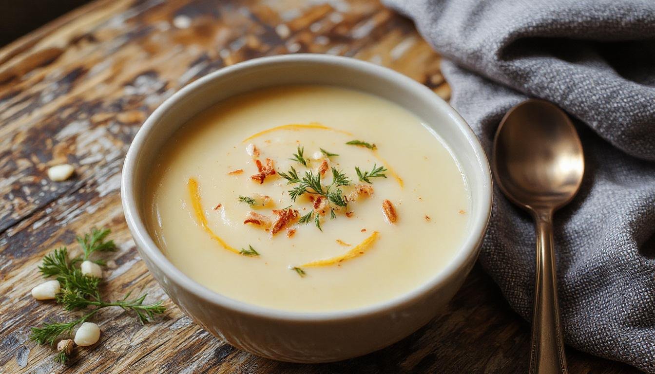 Tigela de sopa de couve-flor cremosa de cor branca com um leve toque dourado, decorada com folhas de salsa fresca, apresentada em um prato rústico de barro sobre uma toalha de linho, mostrando uma textura aveludada e ingredientes visíveis por cima.