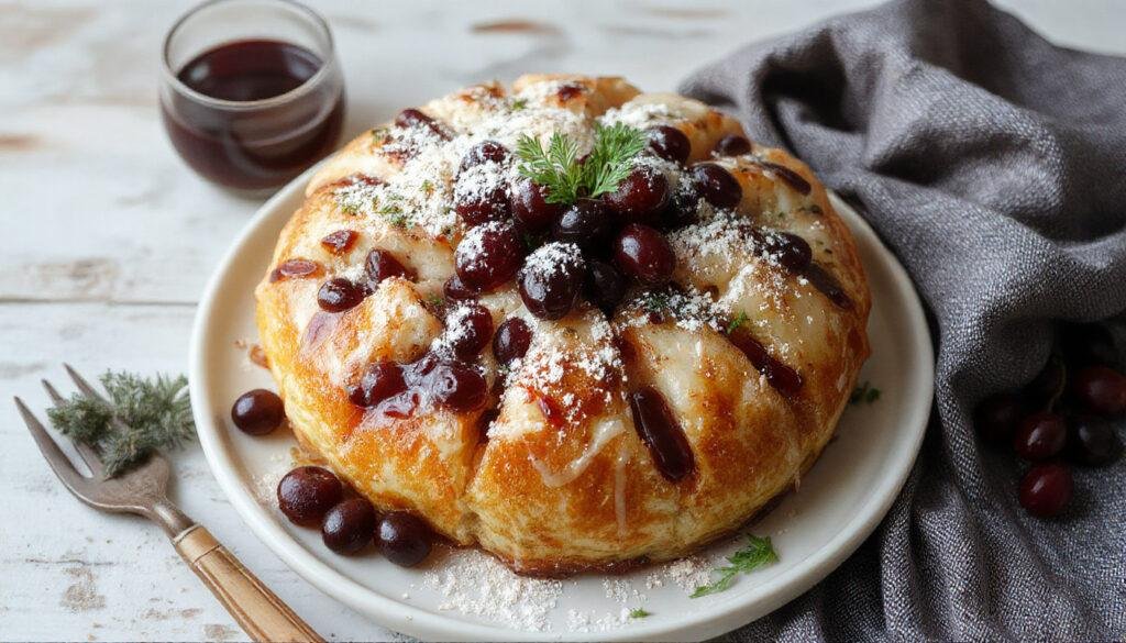 Imagem de uma travessa retangular com camadas de uvas roxas e verdes, cobertas com uma camada de creme branco e polvilhadas com raspas de limão, apresentada de maneira elegante e convidativa, com um fundo neutro e iluminação que realça a textura cremosa e as cores vibrantes das frutas.