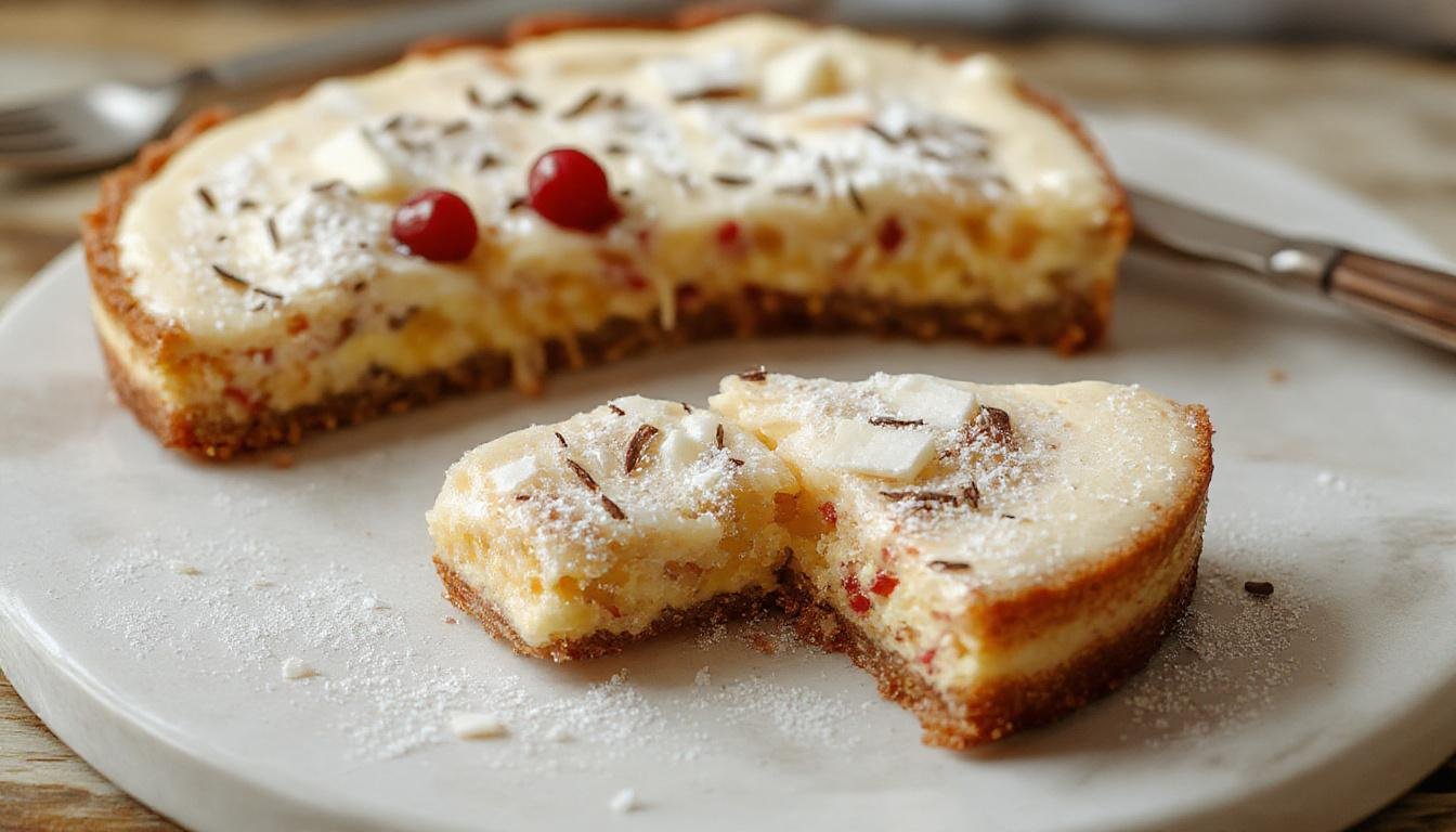 Imagem de uma tarte cremosa de coco colocada sobre um prato branco, com uma crosta dourada e uma camada suave de creme de coco visível. A superfície da torta está decorada com raspas de coco branco e um toque de creme ao redor. A apresentação é elegante e convidativa, evidenciando a textura cremosa e o brilho sedoso da sobremesa.