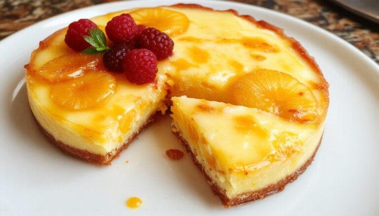 Imagem de uma tarte de pudim de laranja dourada, com uma crosta fina e uniforme, enchida de creme de laranja vibrante. A tarte é decorada com raspas de laranja e polpa fresca, apresentada sobre uma tábua de madeira clara, com uma fatia já servida ao lado, mostrando a textura cremosa e brilhante do interior.
